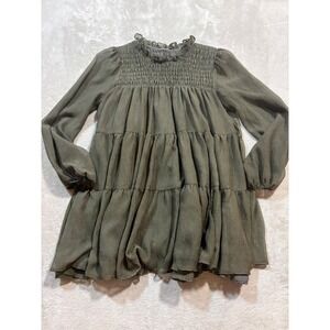 En Saison Women's Small‎ Tiered Mini Dress Smocked Ruffle Neck Long Sleeve Olive